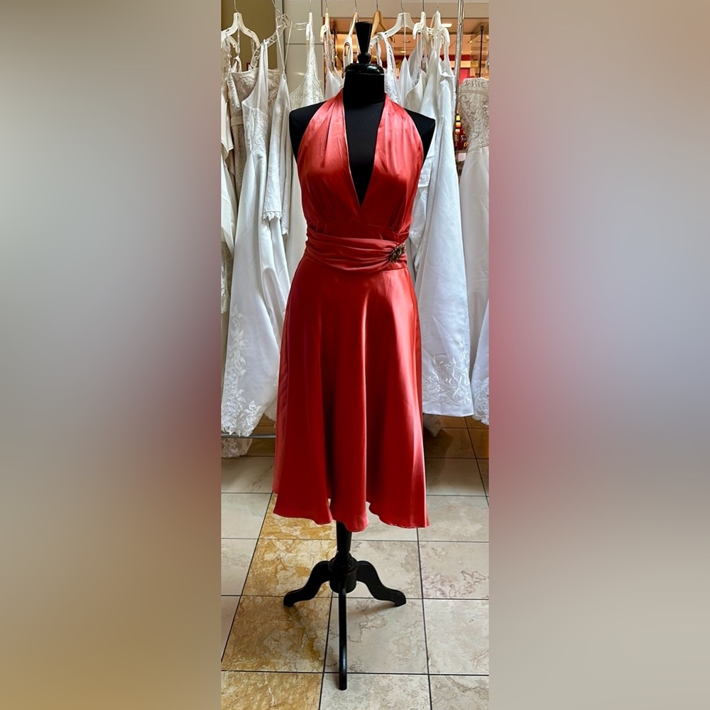 Bari Jay, Style 253, size 12, rust colored cocktail length evening gown.